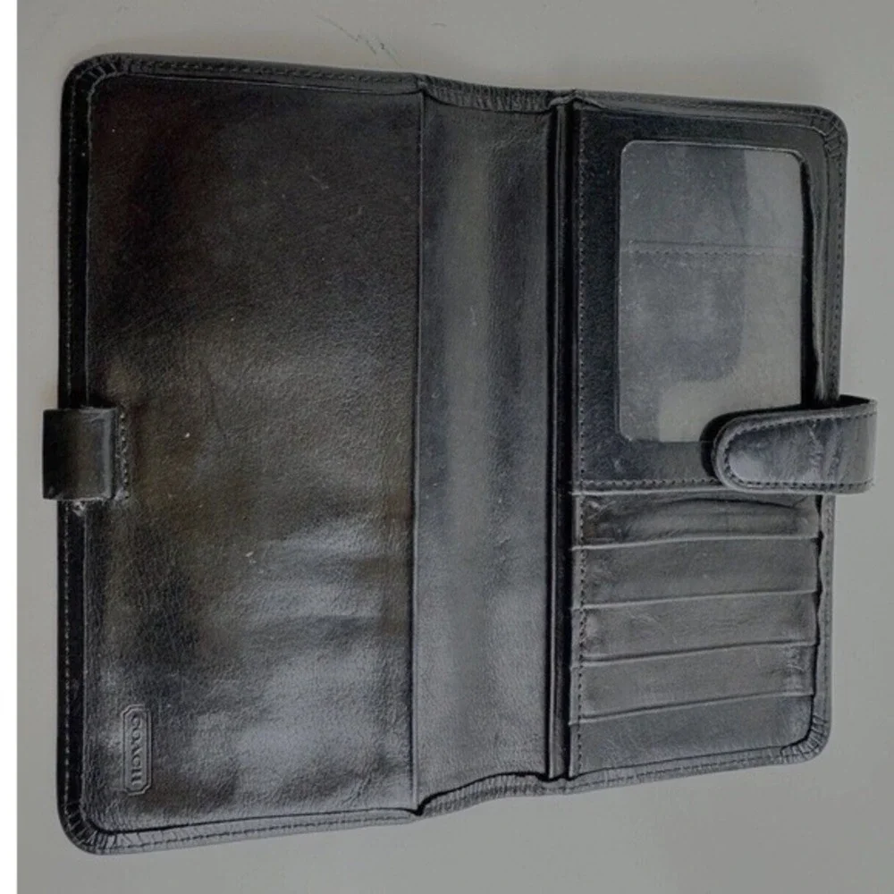 Coach Vintage Black Leather Slim Checkbook Wallet Tab Snap‎ Card Holder Chic 47